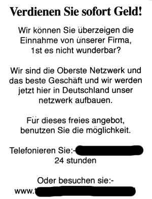 Sofort-Geld-Verdienen-Angebot in wüstem Deutsch à la E-Mail-Spam